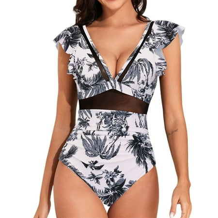 MGCWSH Women s Tummy Control Swimsuits Slimming Mesh Sheer Bathing Suit Ruffle V Neck One Piece Swimwear Multicolor XL