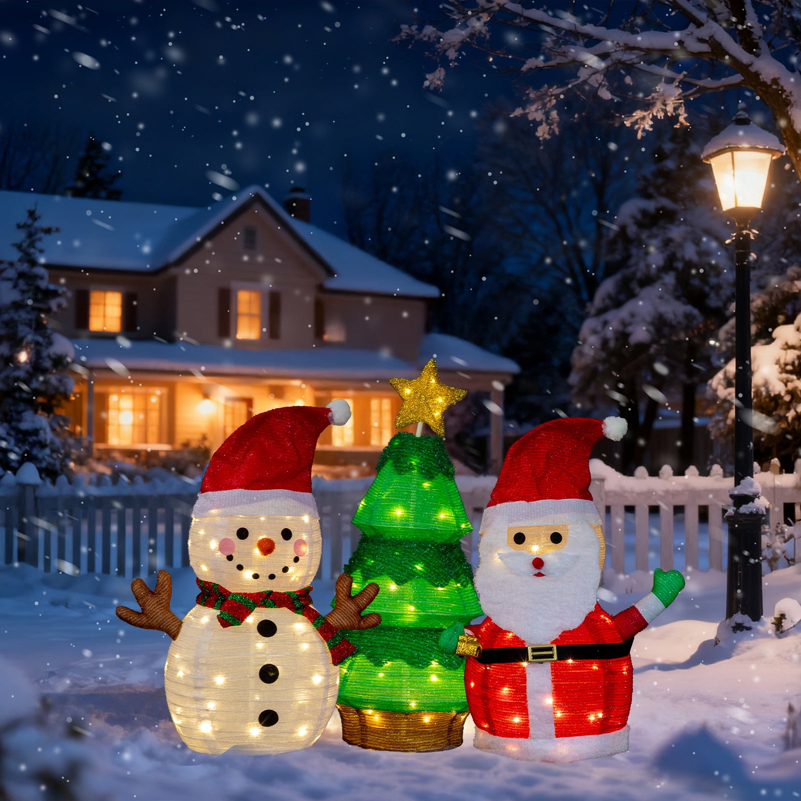 Astoutdoor Set of 3 Lighted Christmas Decorations, Santa, Snowman, and Tree, Pre-Lit with 150 Warm White LED Lights, Indoor Outdoor Holiday Display