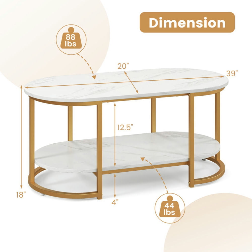 Finihen Coffee Table, Marble Coffee Table with Open Storage Shelf, for Living Room, Reception Room, White