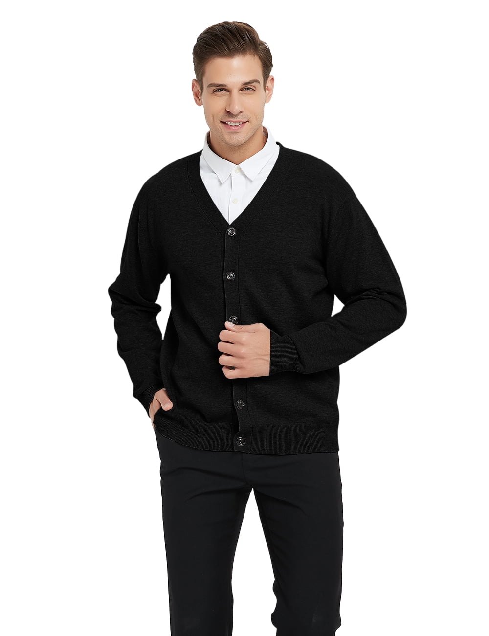 TOPTIE Mens Sweater V Neck Button Cardigan Long Sleeve Basic Knit Work Casual