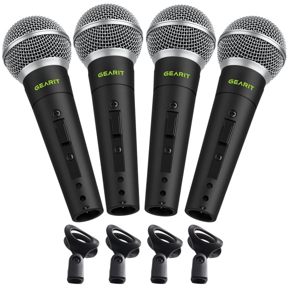 GEARit Dynamic Cardioid Vocal Stage Microphone with On/Off Switch and Mic Clip (Cables Sold Separately) - 4 Pack
