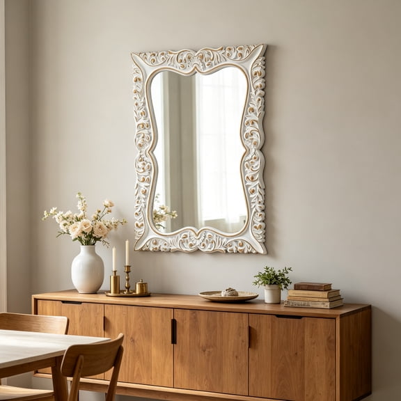 Sintosin Vintage Wall Mirror 20x27 inch, Antique Square Carved Frame with Distressed White, Gothic Decorative Hanging Mirror for Bathroom Living Room