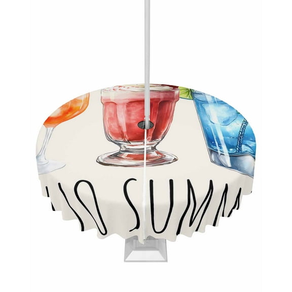 Hokiten Outdoor Tablecloths with Umbrella Hole & Zipper, Hello Summer Round Tablecloths 60 Inch, Orange Red Blue Drink Beige Waterproof Table Cloth, Patio/Pool/Picnic Table Covers