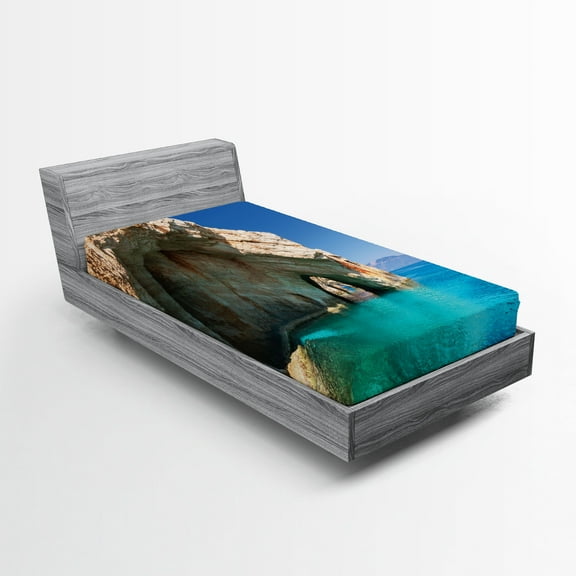 Ambesonne Marine Fitted Sheet, Sea Cave on Zakynthos, Twin XL Size, Tan Pale Blue