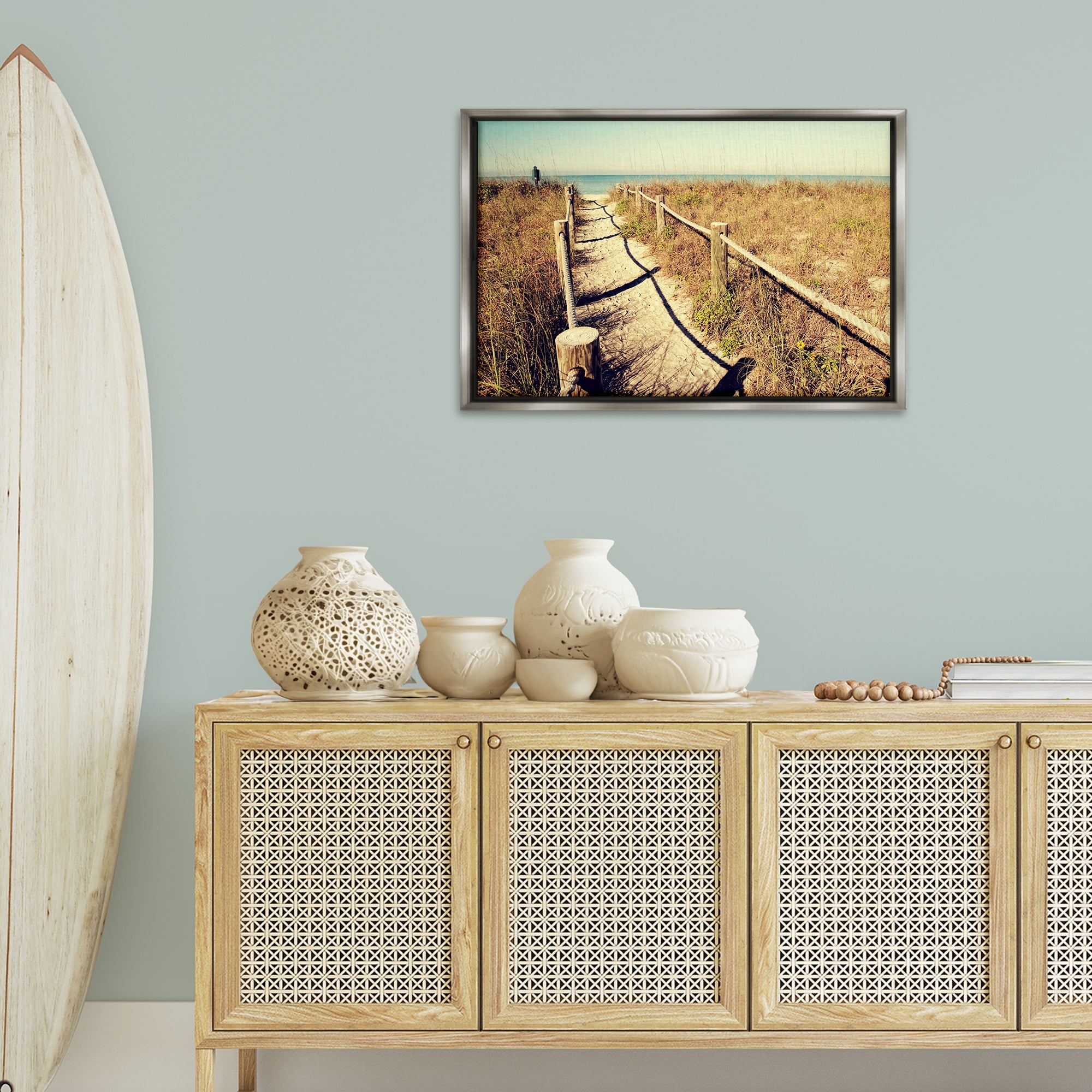 Stupell Industries Sandy Path Railing Landscape & Nature Photography Gray Floater Framed Canvas Art Print Wall Art, 31 x 21