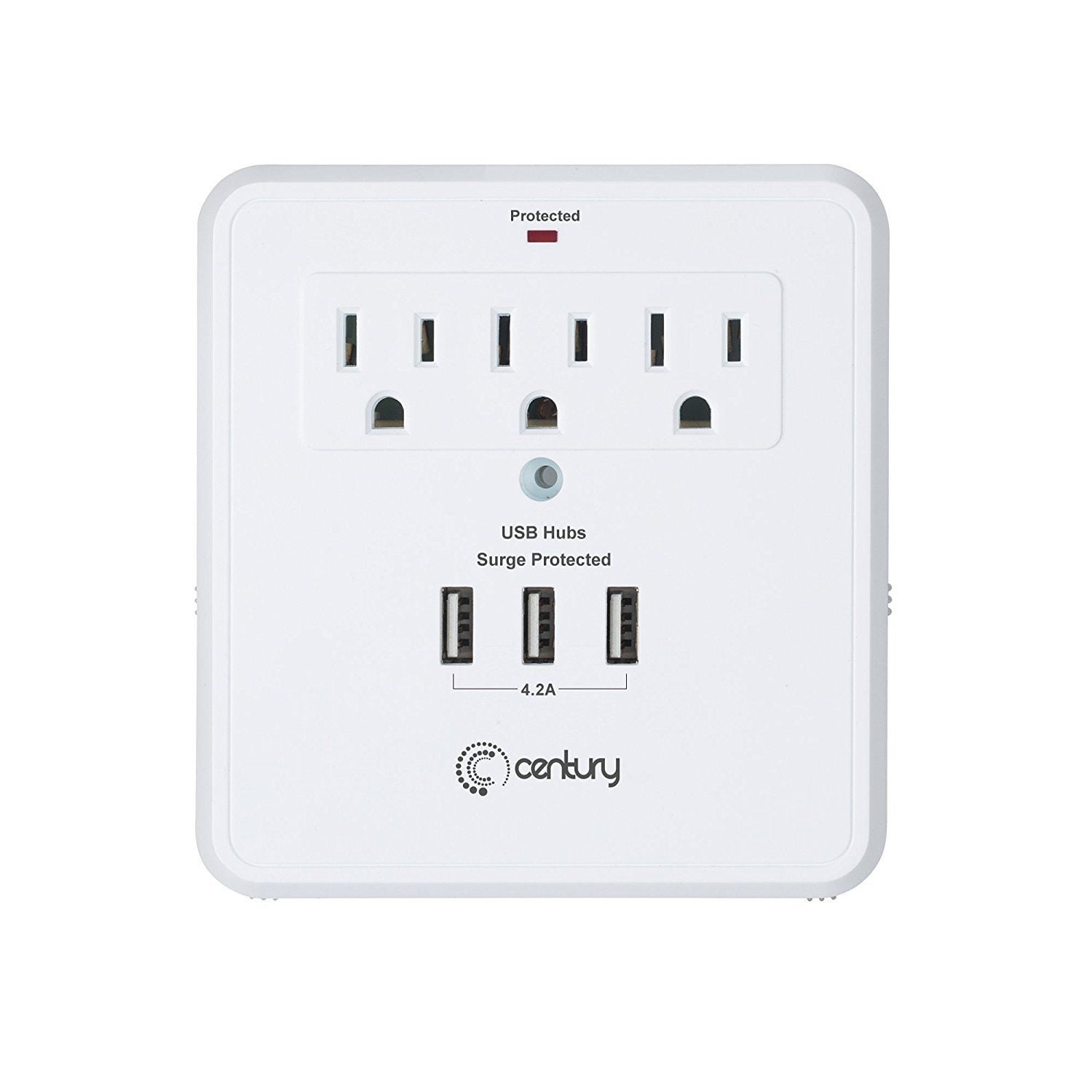 Century 3 Outlet Wall Mount Surge Protector Adapter with 3 USB Charging Ports (4.2A) White by Century