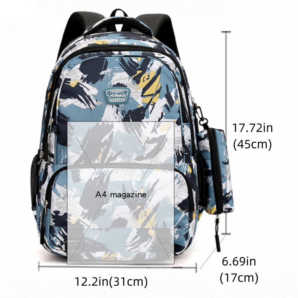 Juuar School Bags for Girls Boys, Printed Kids Backpack with Pencil Case, Camo Bookbag Multi Pocket Back to School Backpack for Primary School, Blue