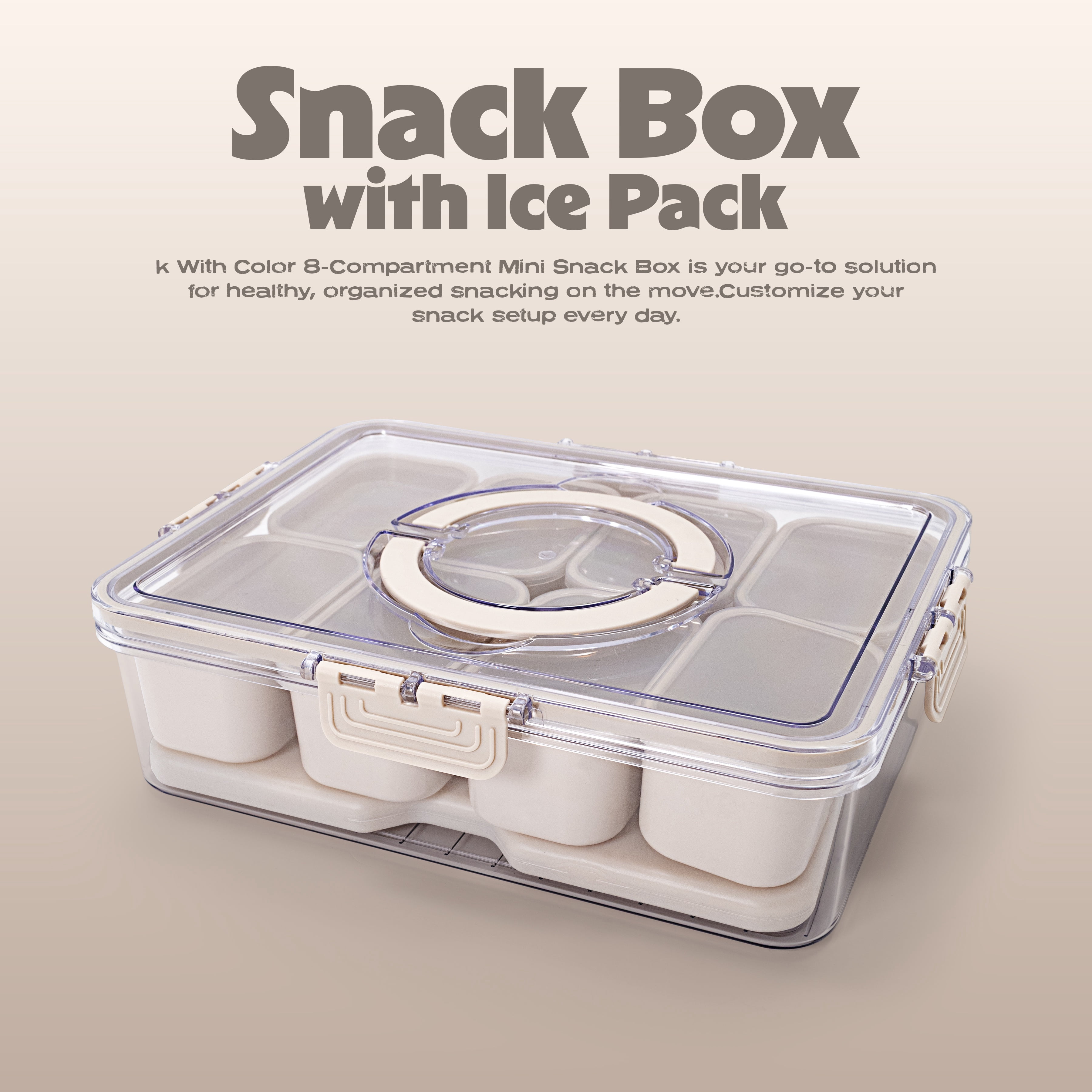 (2 pack) Cook with Color 8-Compartment Snack Box Food Storage Container with Lids, Removable Ice Pack, Leak-Proof Portable Lunch Box with Locking Lid, Charcuterie Tray Portion Control, Dishwasher Safe, Taupe