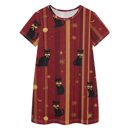 Red Christmas Cat Pattern Girls Casual Dresses Short Sleeve Cotton Dress for School Daily Wear 2T