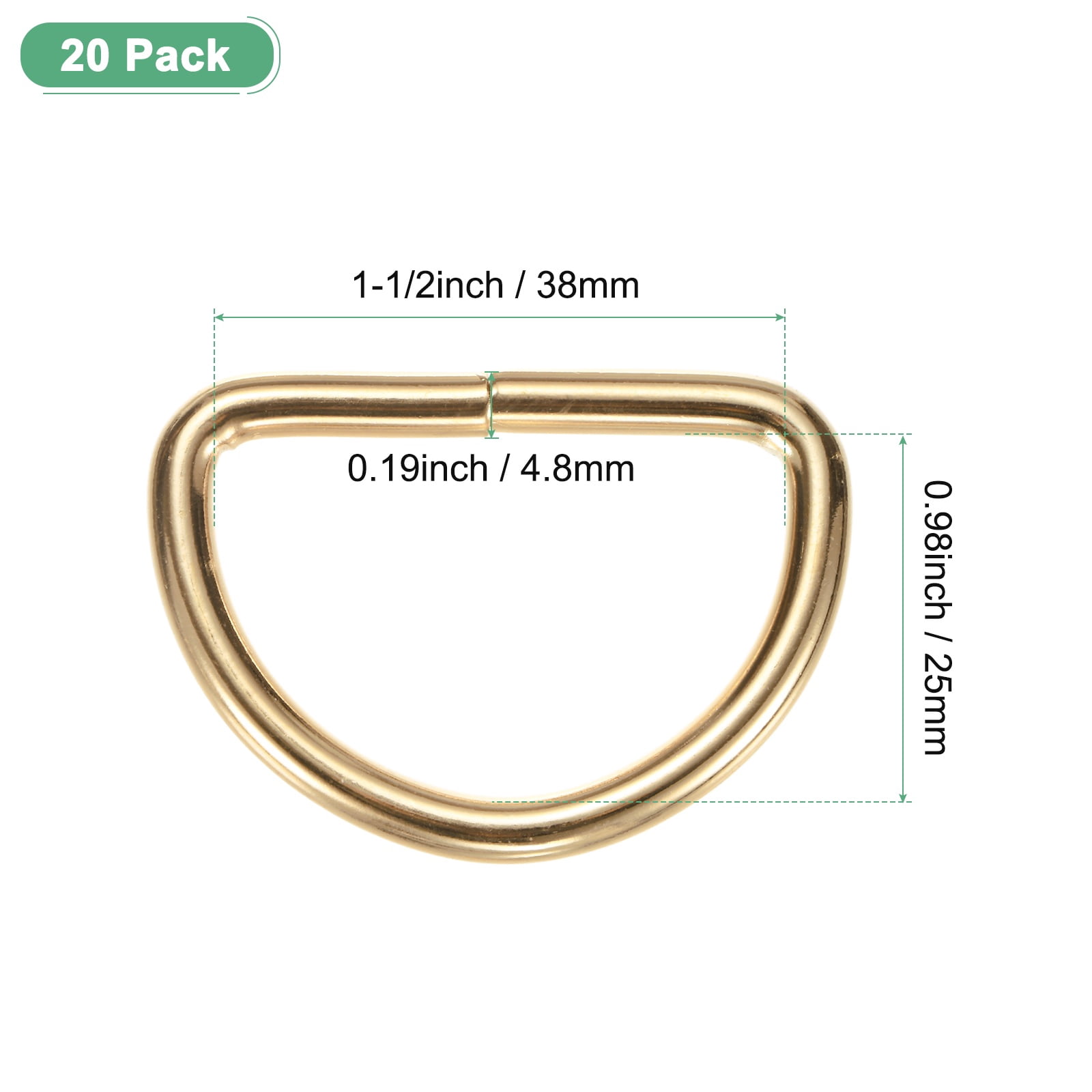 Uxcell 20-Pack D-Rings Buckle, 1-1/2 Inch Iron Non-Welded Dee Rings Metal Buckle for Purse/Aprons/Belts/Pet Collars, Semi-Circular D Ring Hardware [Gold Tone]