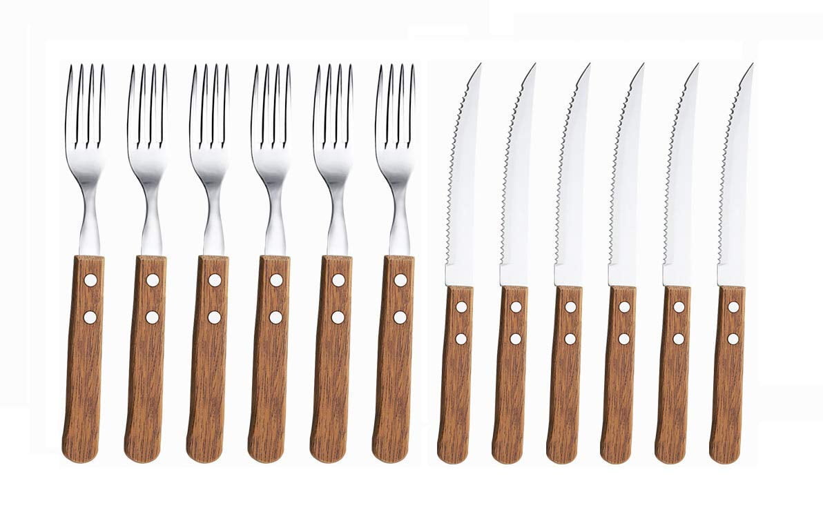 KOVOT 12Piece Wood Handle Steak Knife & fork Set Includes (6) 8