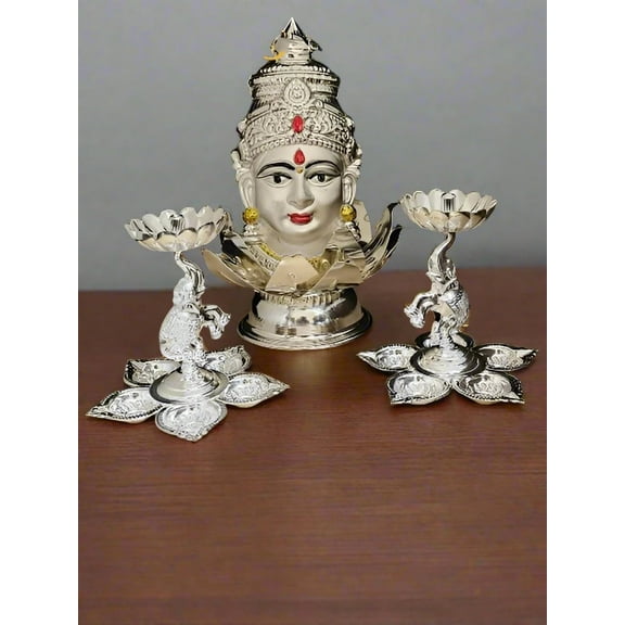 german silver lakshmi face/ mukut, 2 elephant diya, 1 lotus stand for housewarming/ pooja set/ diwali