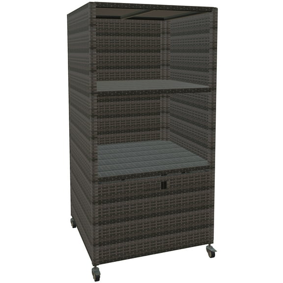 Pool Towel Rack Outdoor, Waterproof PE Plastic Rattan Wicker Pool Storage Bins Storage Cabinet Organizer, Poolside Towel Caddy with Rolling Wheels for Hot Tub Spa Accessories,Brown