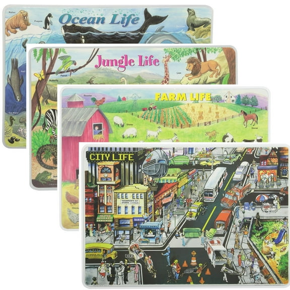 Painless Learning Educational Placemats Sets Jungle Life, Ocean Life, Farm Life and City Life Placemat Non Slip Washable