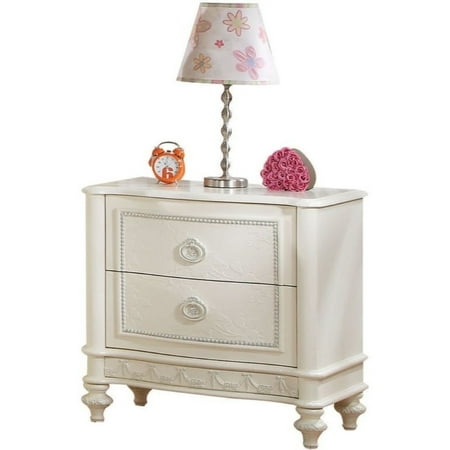 2 Bun Feet - Wooden Two Drawer Nightstand With Floral Carved Trim Accent And Bun Feet, Ivory