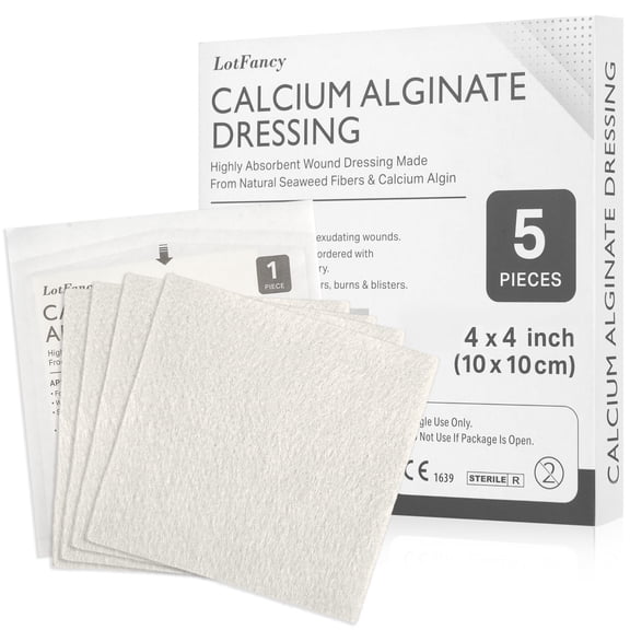 LotFancy Calcium Alginate Wound Dressing Pads, 4"x 4", 5 Pack Non-Stick Super Absorbent Dressing