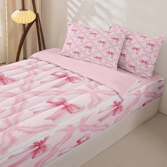 Homewish Kawaii Cartoon Bow Zipper Full Size Comforter Sets with Fitted Sheet and 2 Pillowcases for Kids, Pink Wateroclor Ribbon Zipper Bedding Set, Pink Reversible, 4pcs