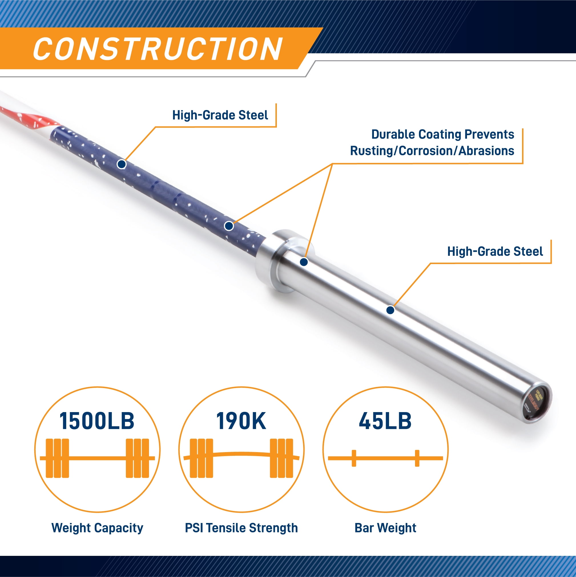 SteelBody by Marcy Red White and Blue USA Flag 45lb Olympic Barbell STB-1909FG