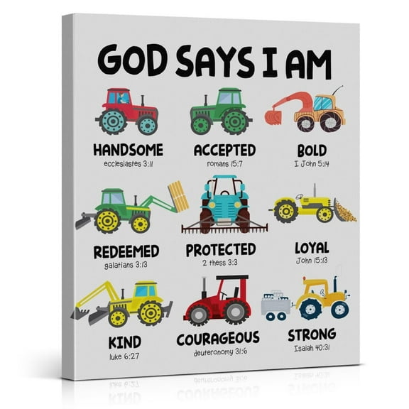 Construction Decor for Boys Room Canvas Wall Art Bible Verse God Says I Am Construction Trucks Poster Print Wall Decor Christian Gifts Painting for Boys Room Bedroom Playroom Decoration poster