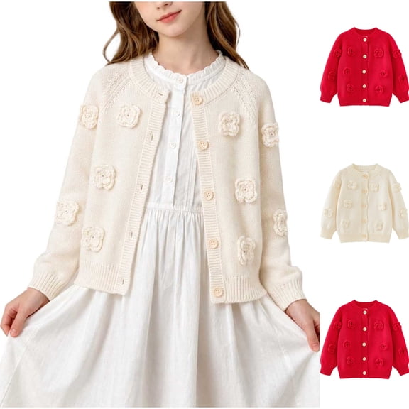Sentuca Girls Cardigan Sweaters Size 5-6Y Knitted Openwork Long Sleeve Cardigan Lightweight Button-up Solid Color Casual Comfortable Kids Sweater Coats Beige