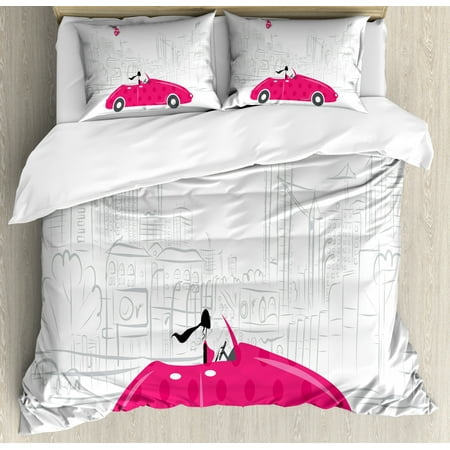 Cars Duvet Cover Set Woman Driving Pink Vintage Car Sketchy