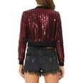 thumbnail image 3 of INSPIRE CHIC Women's  Metallic Long Sleeve Stand Collar Zipper Cropped Bomber Jacket S Wine Red, 3 of 6