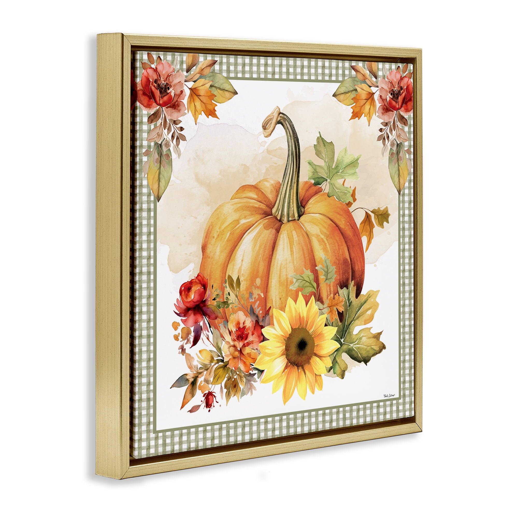 Stupell Industries Gingham Bordered Pumpkin Botanical & Floral Painting Gold Floater Framed Canvas Art Prints Wall Art, 18 x 18