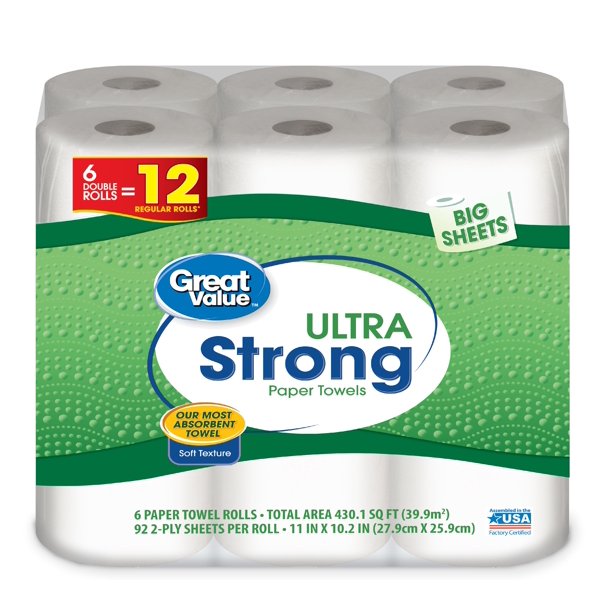 Great Value Ultra Strong Paper Towels, Big Sheets, 6 Double Rolls