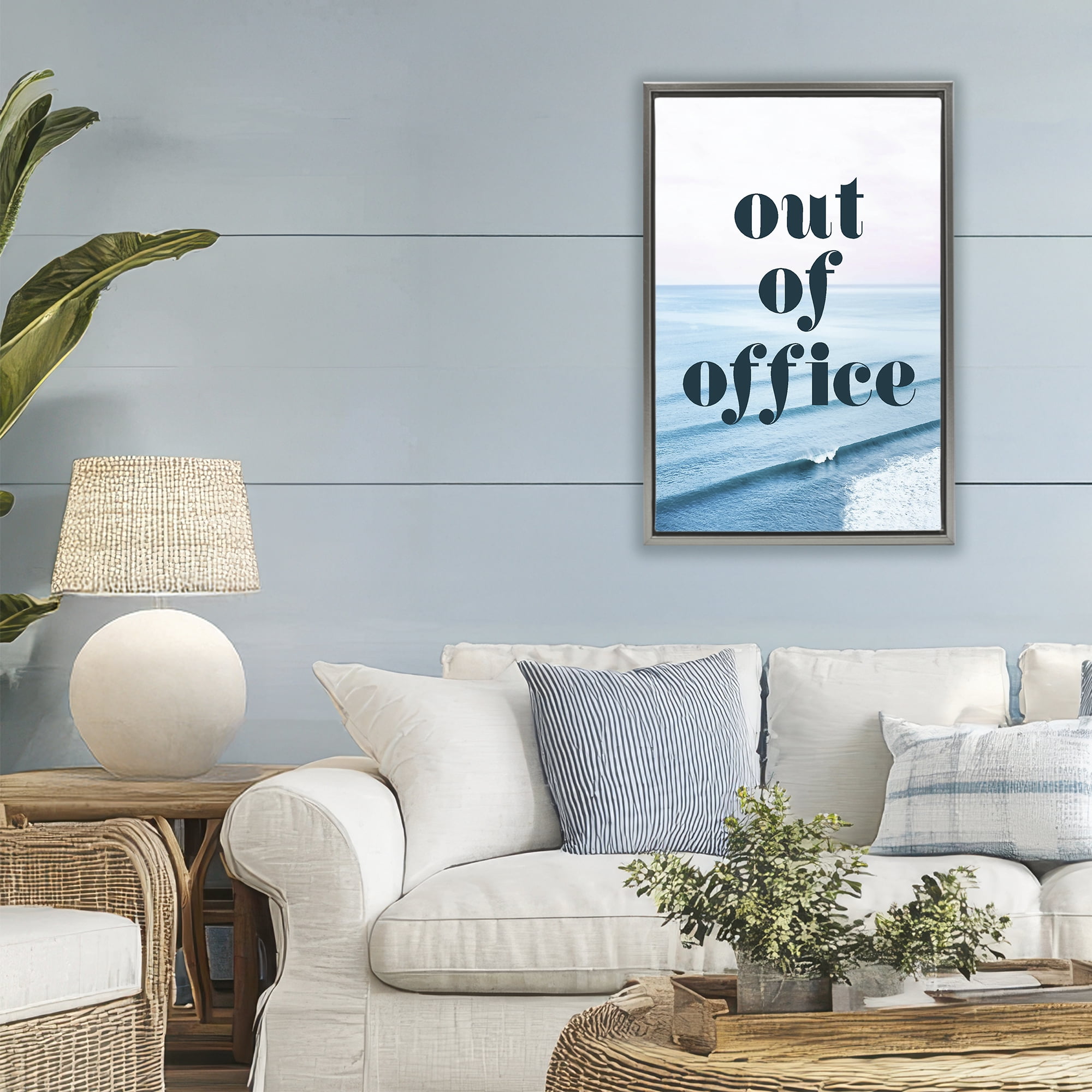 Out of Office Ocean Waves Gray Framed Floater Canvas Wall Art, design by Lil' Rue