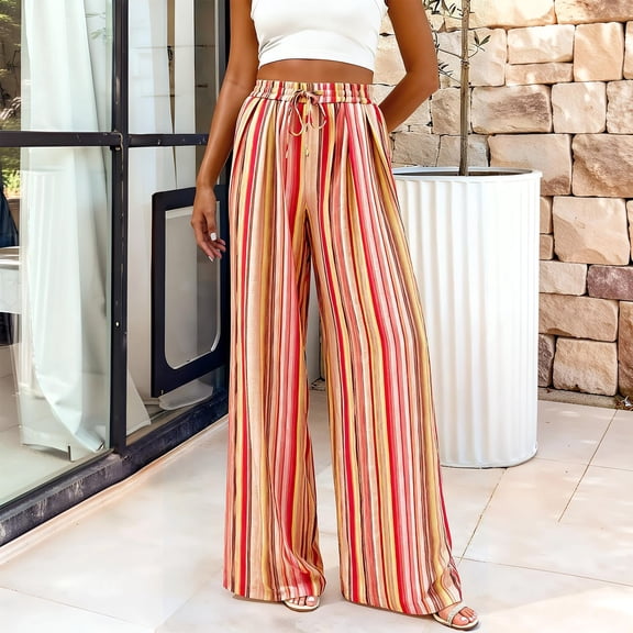 Womens Pants Elastic Waist Striped Print Lightweight Palazzo Pants Casual Wide Leg Pants with Pockets S