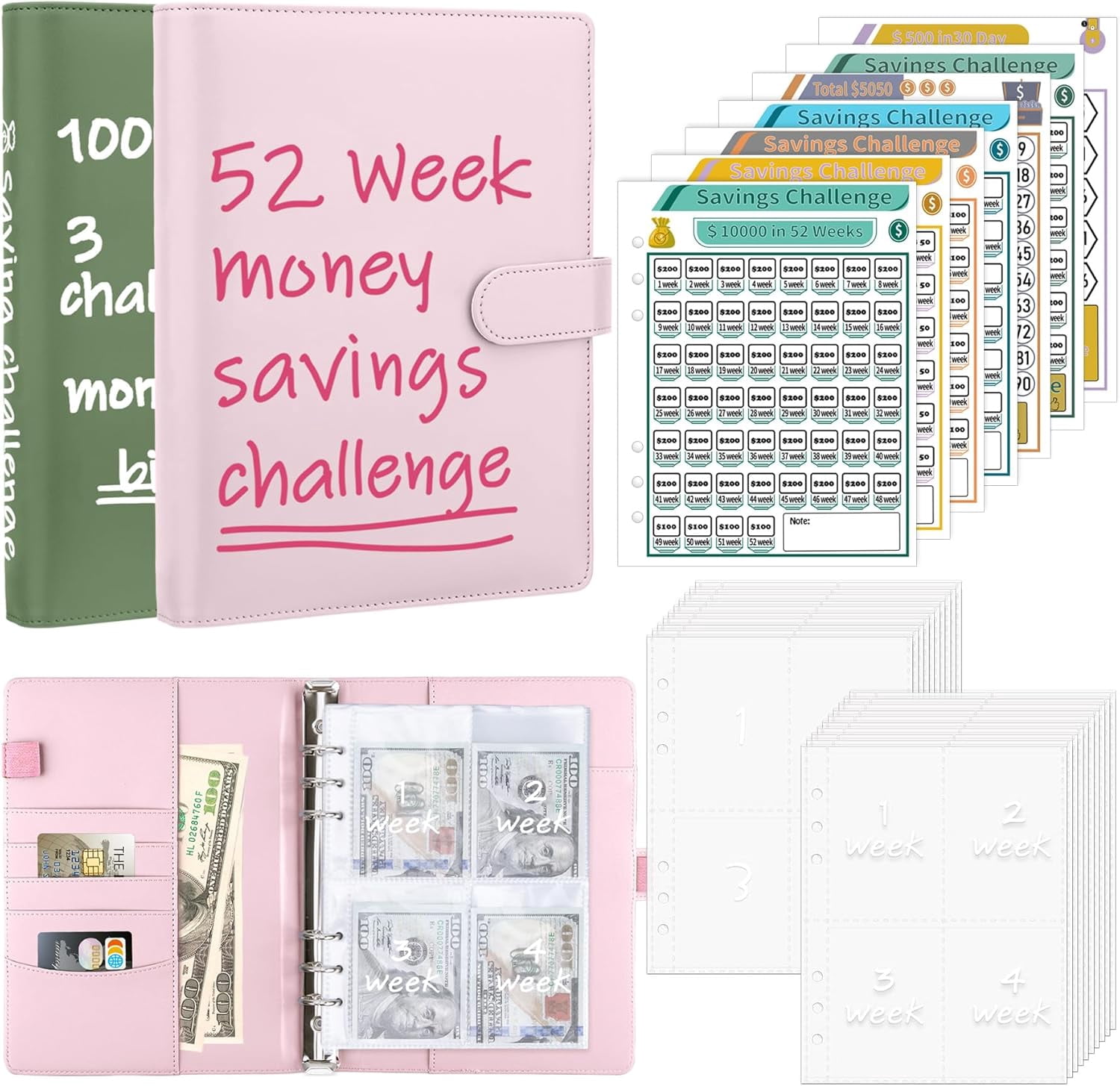 XC 100 Envelopes Money Saving Binder & 52 Week Savings Challenge Book, 2 Sets A5 Budget Money Saving Binder with Pre-Printed Cash Envelopes and Challenge Trackers