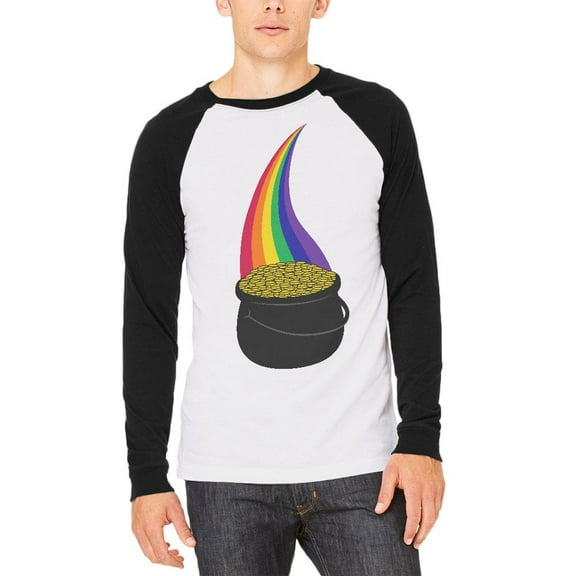 Halloween Pot of Gold Rainbow Costume Mens Long Sleeve Raglan T Shirt White-Black MD