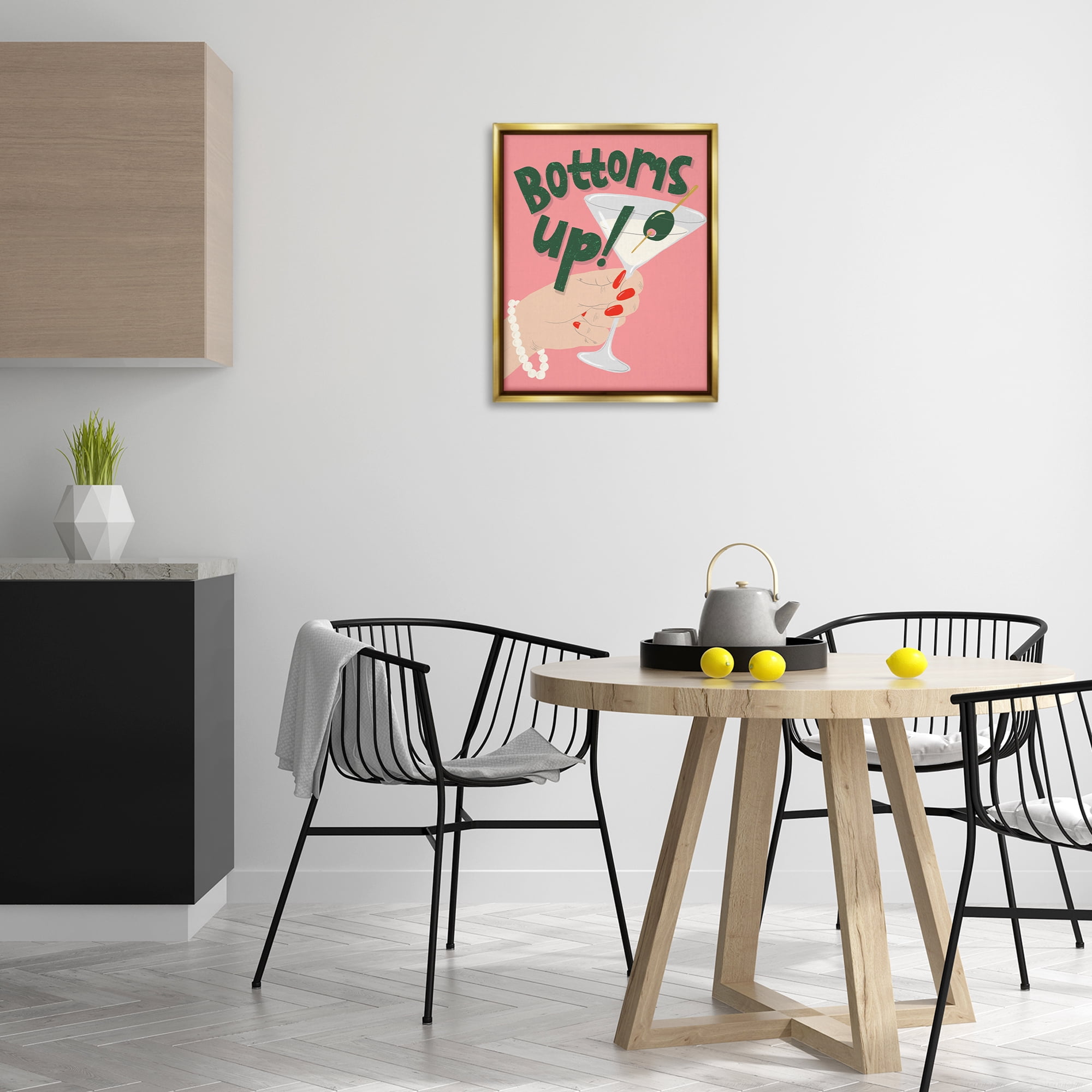 Stupell Industries Bottoms Up with Martini Food & Beverage Painting Gold Floater Framed Canvas Art Print Wall Art, 17 x 21