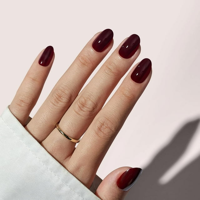Gel ovalado corto de otoño BtartBox de Press On Nails, rojo oscuro