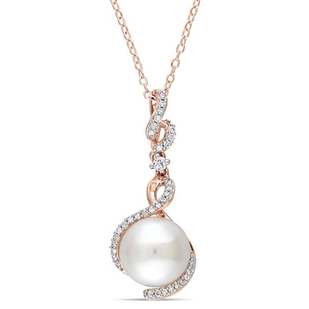Miabella 9.5-10mm White Cultured Freshwater Pearl, 1/6 Carat T.W. Diamond, and White Sapphire-Accent Rose Rhodium-Plated Sterling Silver Drop Pendant, 18