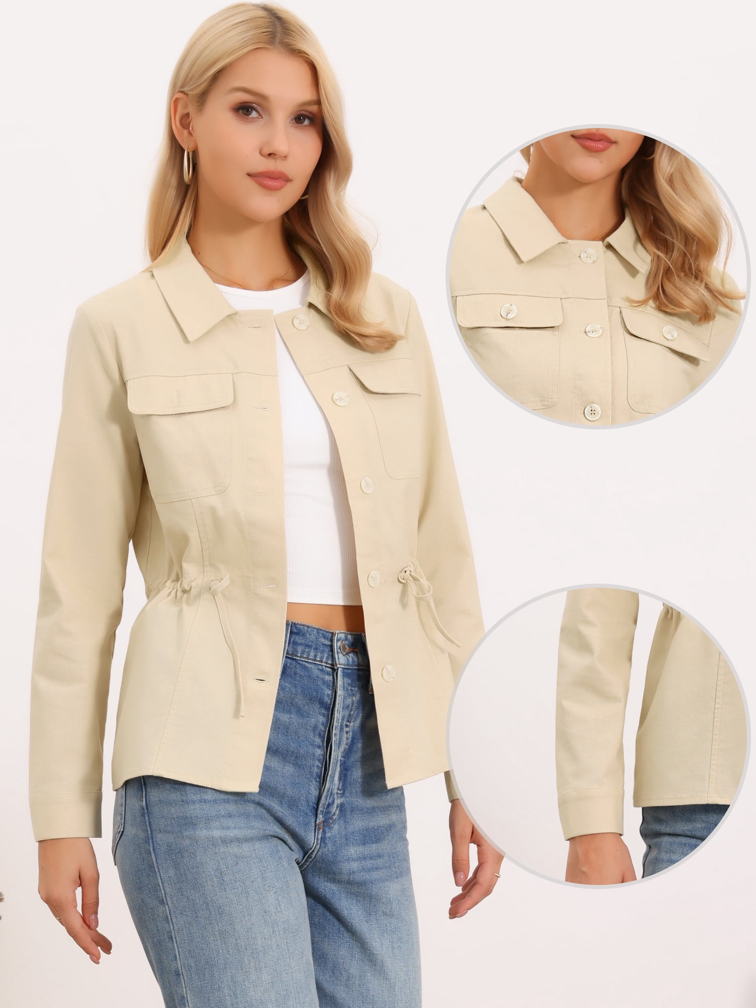 DARING DIVA Women's Button Down Drawstring Waist Lightweight Anorak XS Khaki