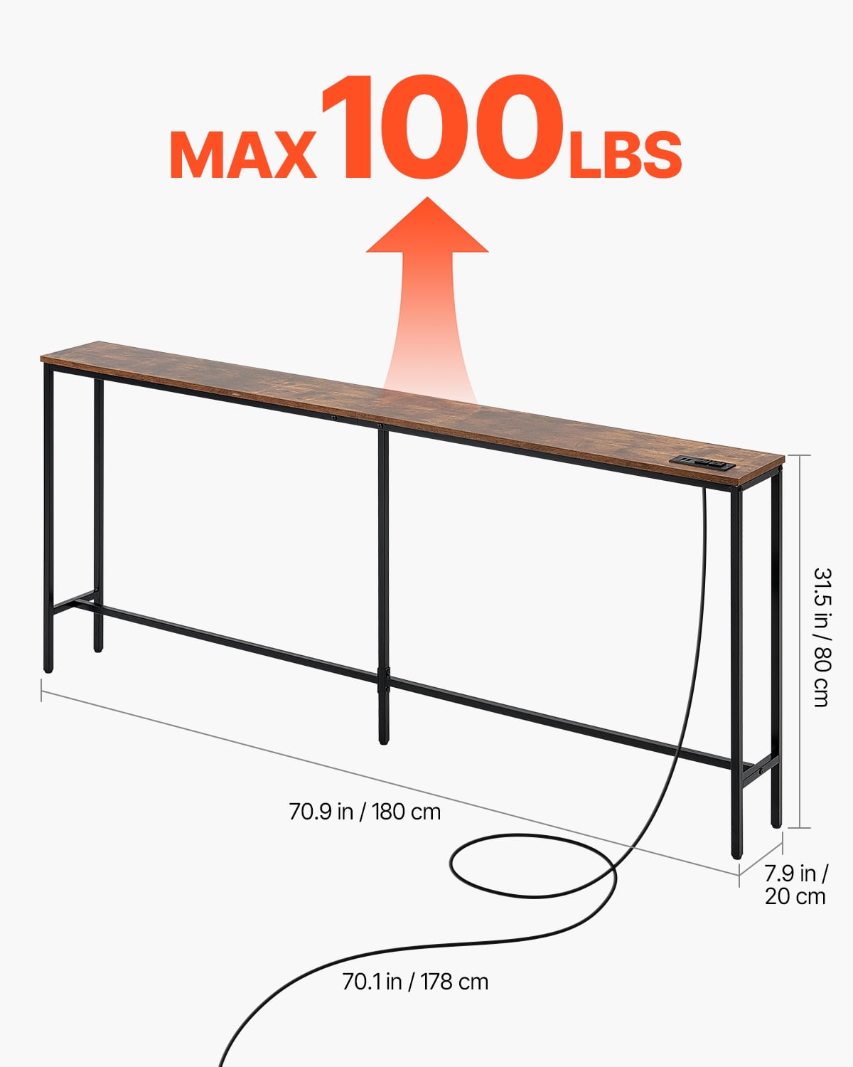 VEVOR Narrow Console Table, 70.9" Behind Couch Table with Power Outlets, 1-Tier Long Entryway Table, Narrow Sofa Table with Metal Frame and Charge Station, for Entryway, Hallway, Living Room