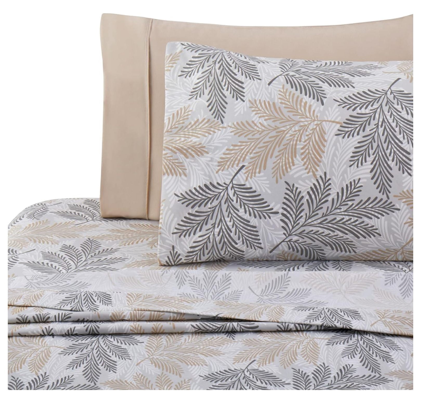 Ultra Soft Silky Deep Pocket Rich Printed Bedding Rayon from Bamboo All Season 4 Pieces Sheet Set with 2 Pillowcases, Taupe Grey Leaves Pattern Twin/Single Size