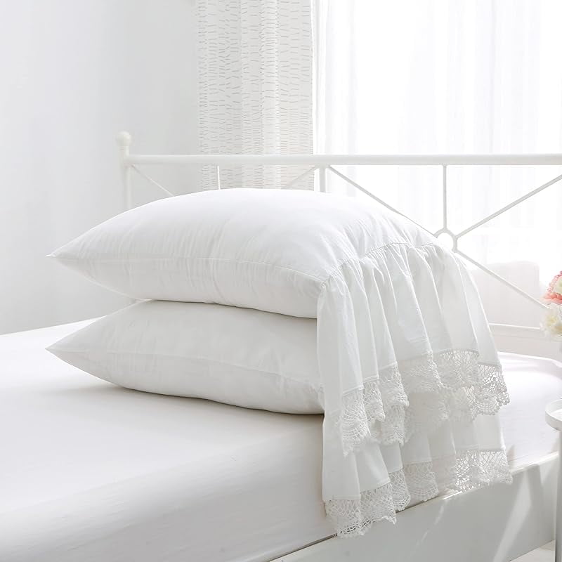 Ivory White Crocheted Lace Pillow Shams with Long Ruffles Cotton Standard Twin Size Pillowcases 26"X20" 2-Pack