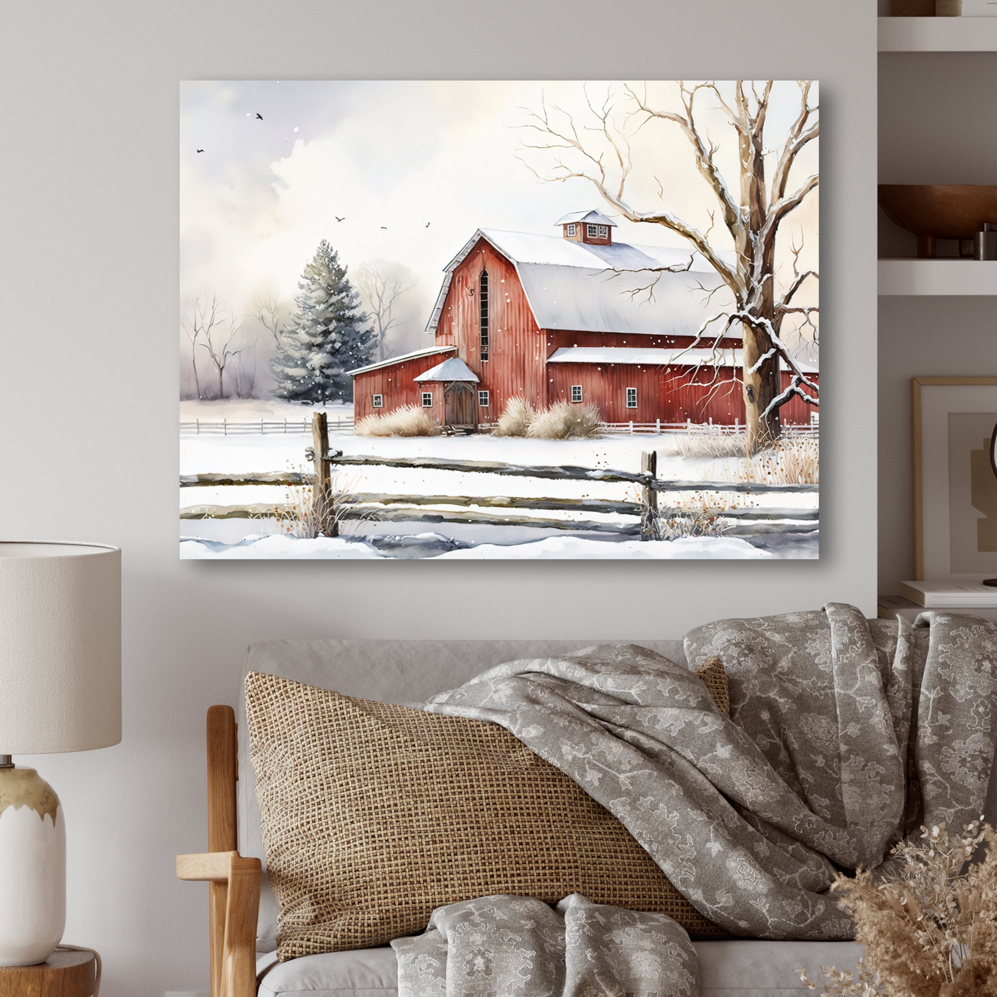 Designart Calm Red Barn In Winter II Canvas Wall Art