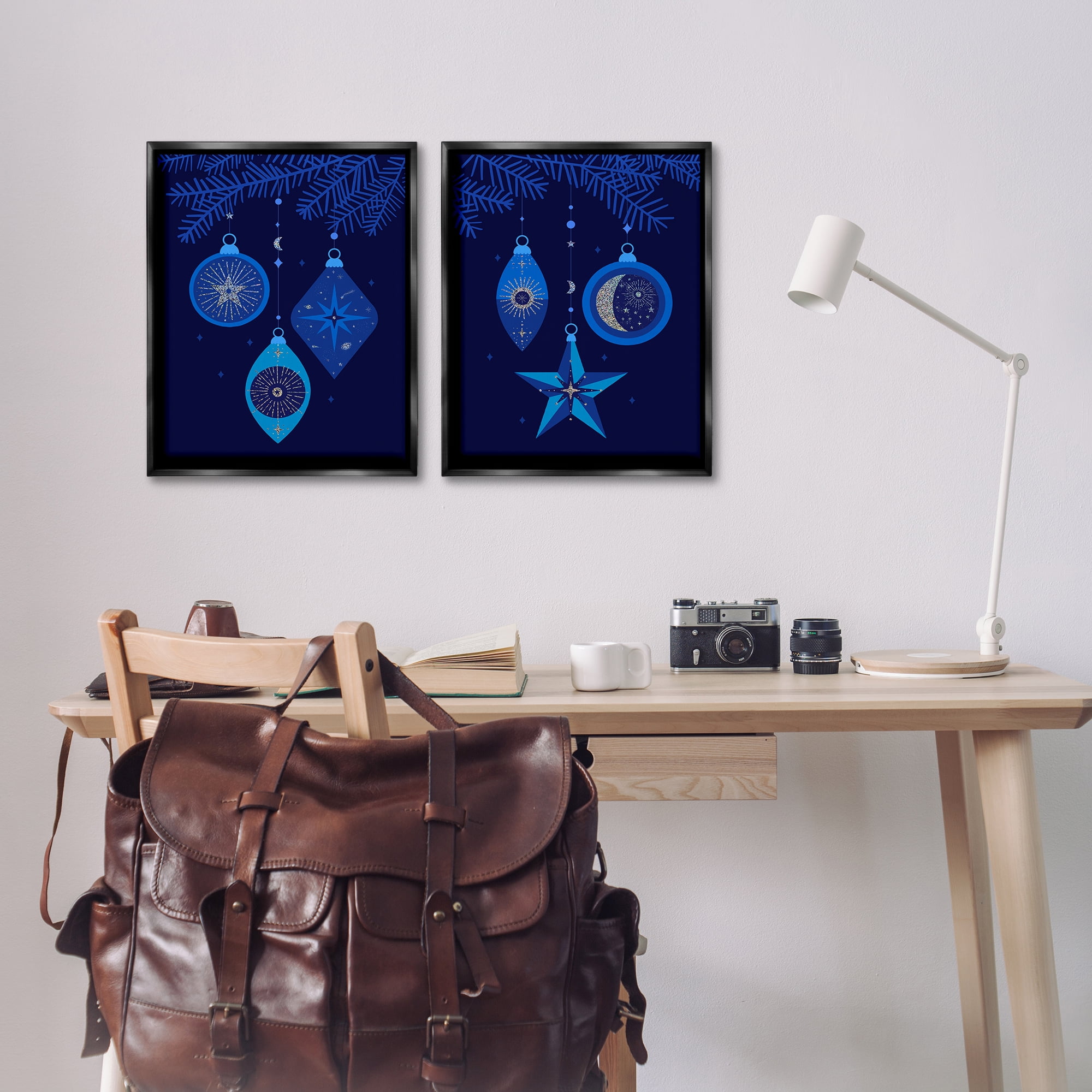 Stupell Industries Vintage Blue Holiday Ornaments Holiday Painting Black Floater Framed Canvas Art Print Wall Art, 17 x 21, Set of 2