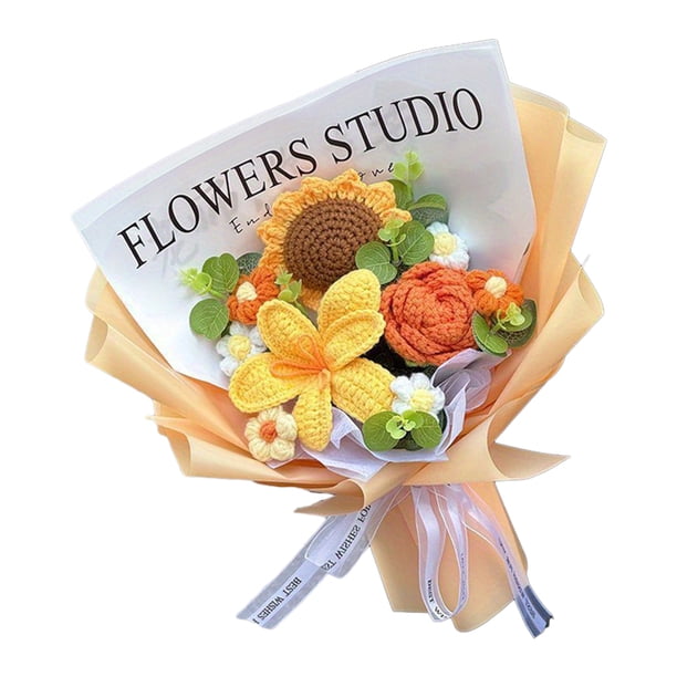 Ramo de flores de ganchillo hecho a mano con hilo de algodón, flores artificiales de girasoles silvestres para aniversario, cumpleaños, día de la madre, regalos