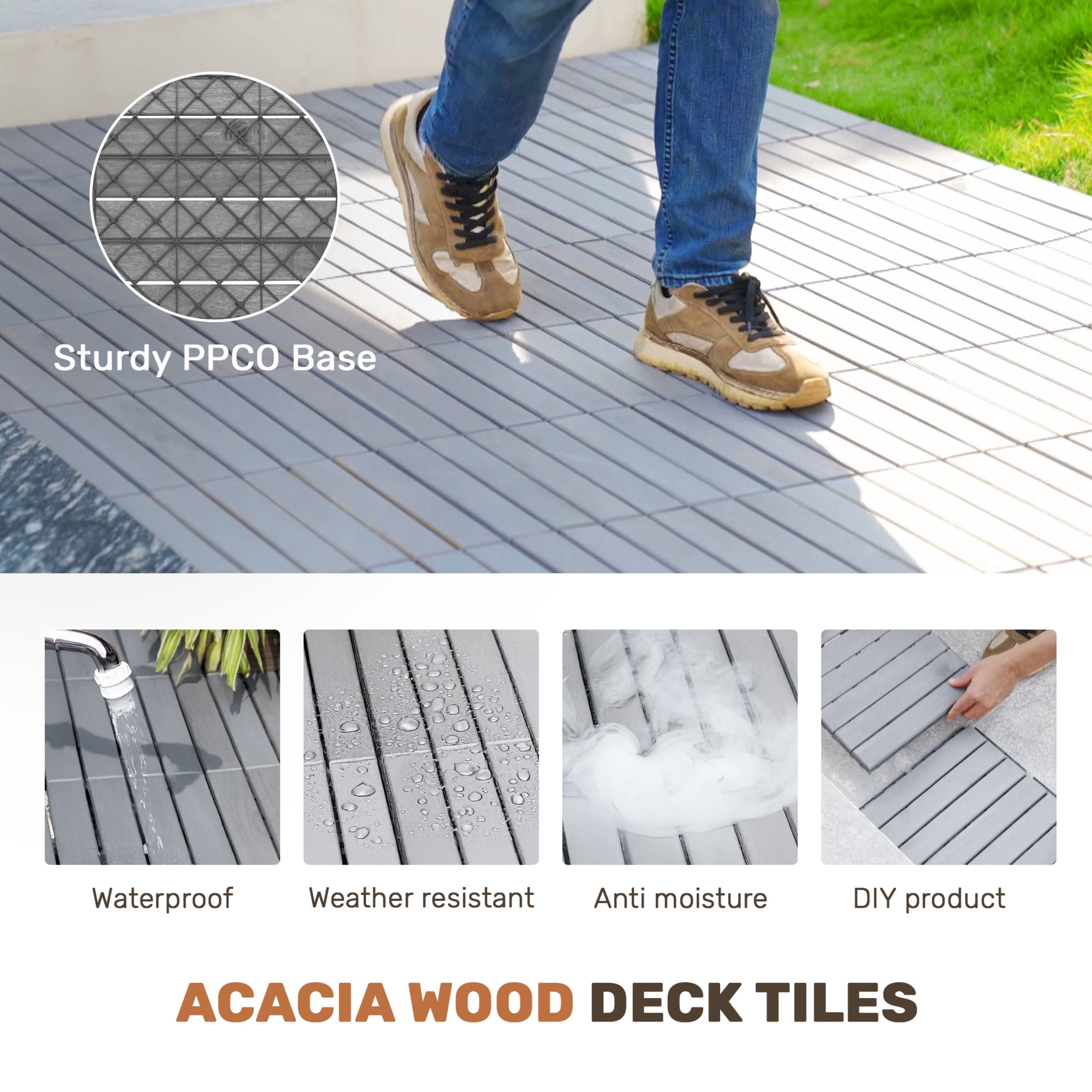 Noble House 12" Striped Acacia Wood Interlocking Square Deck Tiles, Weather Resistant Outdoor Flooring, Gray, 10 PCS