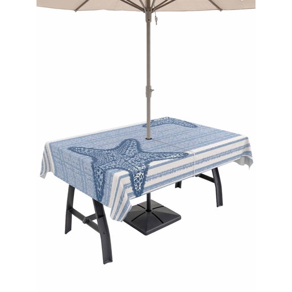 Outdoor Tablecloth with Umbrella Hole for Patio/Picnic/Party/Camping, Light Blue Starfish Waterproof Table Cloth Rectangle Table Cover Washable, Coastal Summer Beach Ocean Striped (52"x 70")