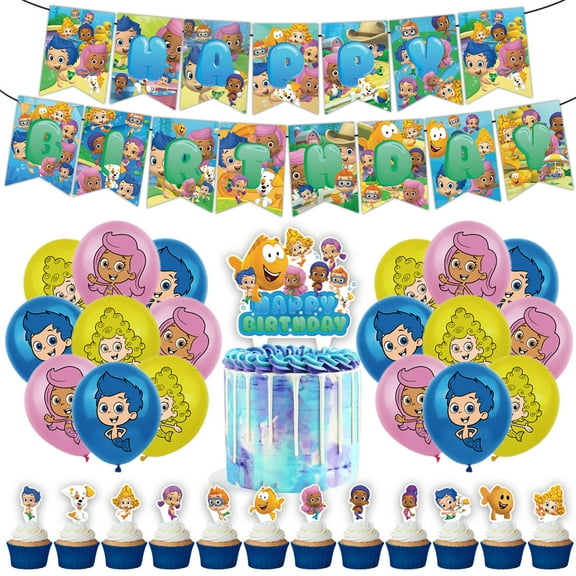 32 Pcs For Bubble Guppies Theme Birthday Party Decorations,With 1 Happy Birthday Banner Garland,13 Cupcake Toppers,18 Balloons for Party Decorations
