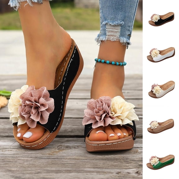 BRGZLK Wedge Sandals For Women Color Block Floral Thick Sole Open Toe Slide On Cushioned Beach Vacation Casual Summer Daily Wear Supportive Grip