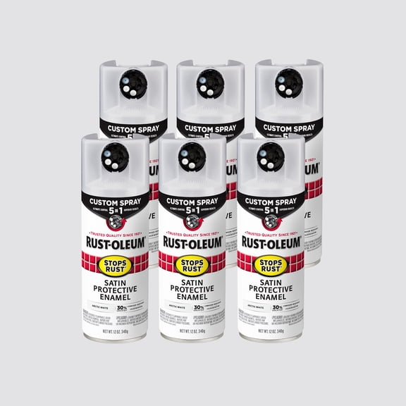 6 Pack, Arctic White, Rust-Oleum Stops Rust Custom Spray 5 in 1 Satin Spray Paint-383424, 12 oz