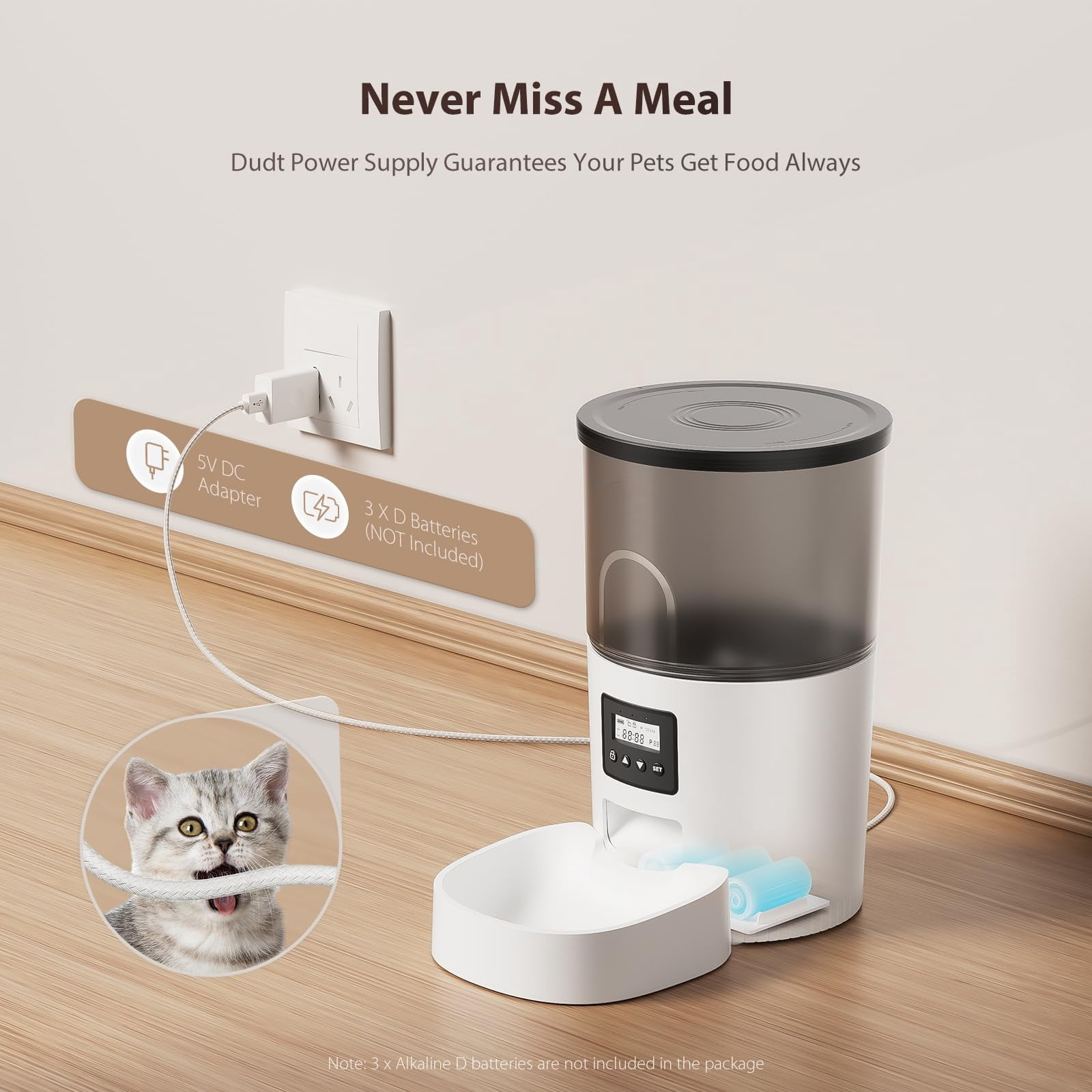Automatic Cat Feeders, 3L Timed Cat Dry Food Dispenser, Dual Power Supply, Programmable Portion Size, 1-6 Meals Per Day, Auto Pet Feeder for Cats and Small Dogs