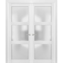French Double Panel Lite Doors with Hardware | Lucia 2552 White Silk with Opaque Glass | Panel Frame Trims | Bathroom Bedroom Interior Sturdy Door