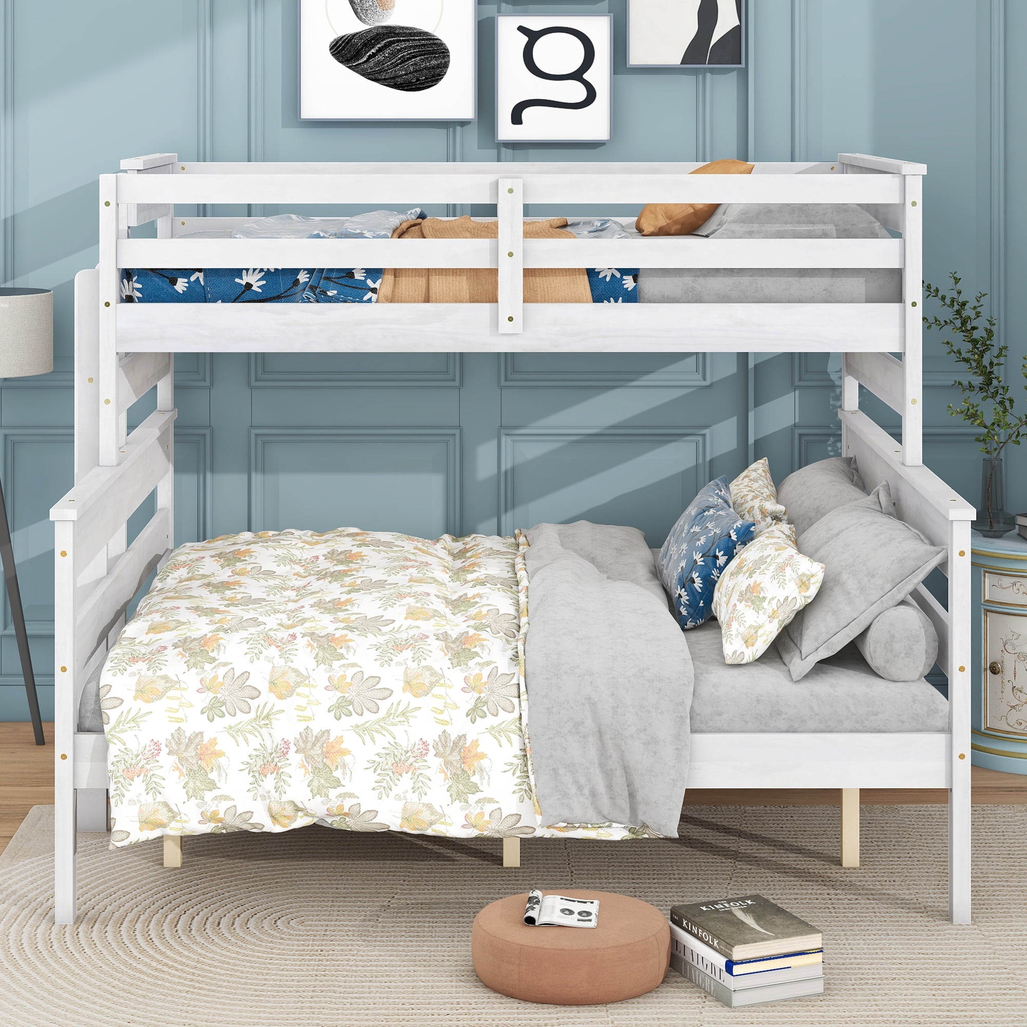EUROCO Twin XL over Queen Bunk Bed, Convertible 2 Beds for Kids Teens Adults with Ladder, White